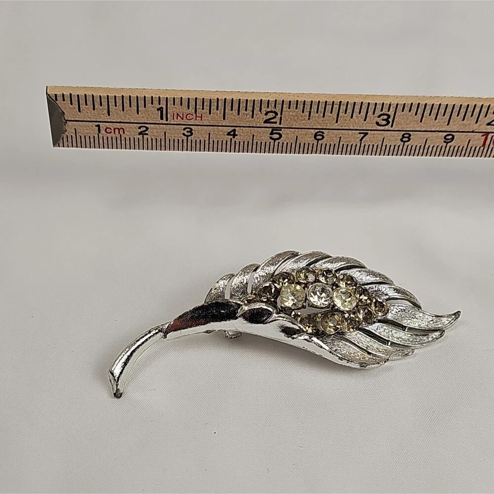 Vintage Coro Feather Rhinestone Brooch Silver Tone Mid Century